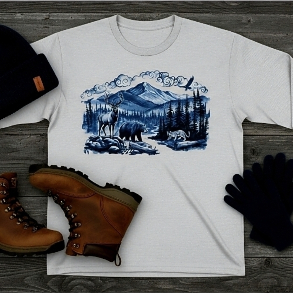 Blue Ridge Mountains Long Sleeve Shirt • Wildlife Nature Graphic Tee • Deer Bear - Picture 1 of 15